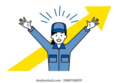 Female worker who is happy with her hands raised and an arrow going up