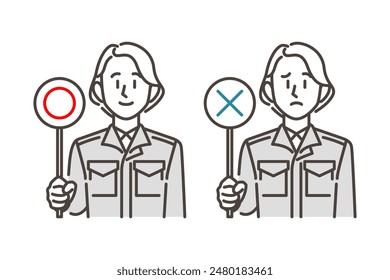 Una trabajadora vestida de trabajo sosteniendo un palo con marcas correctas e incorrectas [material de Ilustración vectorial]