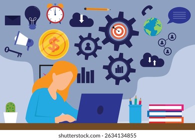 Female worker working hard on laptop to achieve target vector illustration