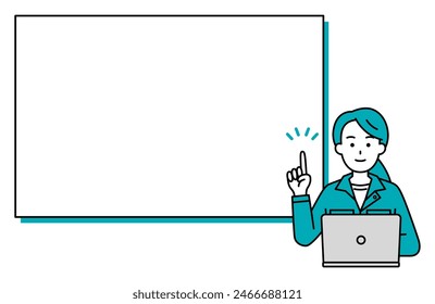 A female worker working on a laptop explaining on a whiteboard