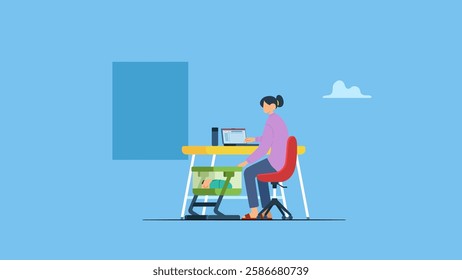 A female worker works on a laptop and puts her child to sleep at the same time. Multitasking woman employee working from home concept.