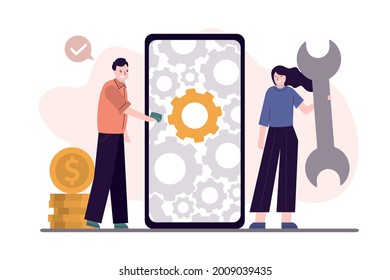 Female worker with wrench tunes man's smartphone. Repair woman customize settings on mobile phone. Many gears on phone screen. Concept of customization and custom settings. Flat vector illustration