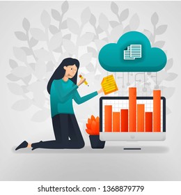 female workers change the sales chart data from cloud storage. flat cartoon vector illustration