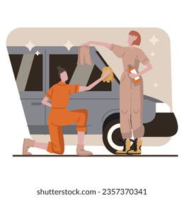 Female workers cleaning car. Lady holding washcloth, standing near automobile and washing window. Woman holding detergent and polishes car to shine. Flat vector illustration