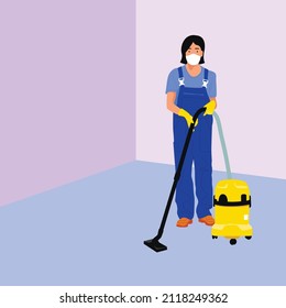 female workers vacuum and clean the house