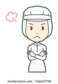 Female workers wearing white sanitary clothing are angry