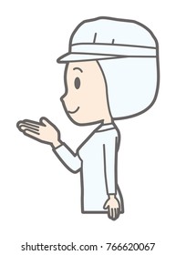 Female workers wearing white sanitary clothes are turning sideways and guiding