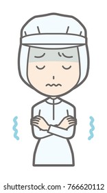 Female workers wearing white sanitary clothes are getting cold