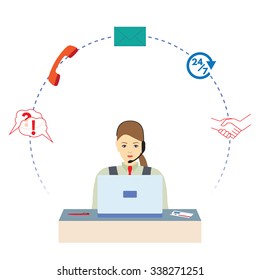 Female  working in a call center. Call center. Support service. Concept, illustration, elements for design.