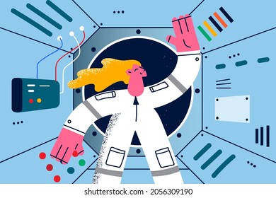 Female working as cosmonaut concept. Smiling blonde woman cartoon character standing in spacesuit working as astronaut vector illustration