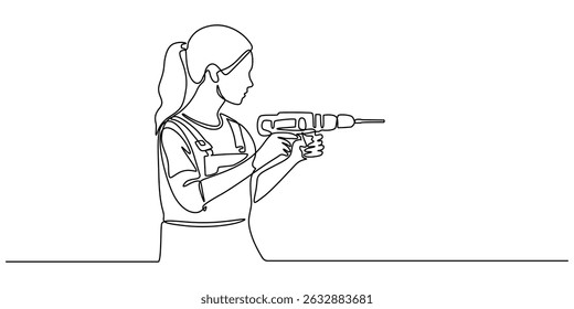 Female working with drill in joinery, Continuous one line drawing attractive carpenter woman holding power drill in workshop with ok gesture. Enthusiasm for woodworking projects concept. Single line.