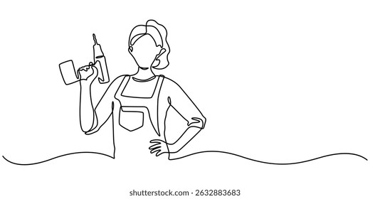Female working with drill in joinery, Continuous one line drawing attractive carpenter woman holding power drill in workshop with ok gesture. Enthusiasm for woodworking projects concept. Single line.