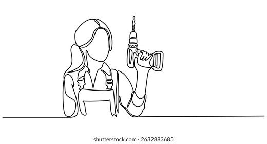 Female working with drill in joinery, Continuous one line drawing attractive carpenter woman holding power drill in workshop with ok gesture. Enthusiasm for woodworking projects concept. Single line.