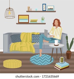 Female working at home. Cozy illustration. Young  womаn freelancers working on laptops and computers. Vector colorful flat illustration