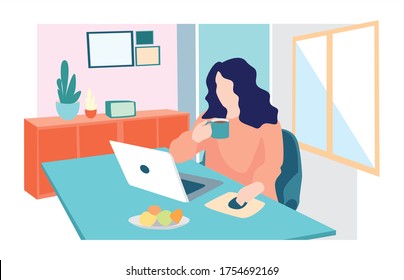 
Female working at home. Freelancer working during quarantine. Stay home, learn online. Girl studying online courses in her apartment. Modern interior. Successful woman. Work of the 21st century. 