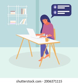 Female working at home illustration concept. cartoon female work and chating with other people