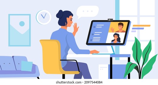 Female working from home office at computer table vector. Desktop computer with group of colleagues, business team.