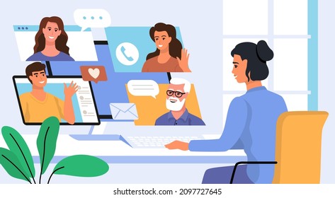 Female working from home office at computer table vector. Desktop computer with group of colleagues, business team.