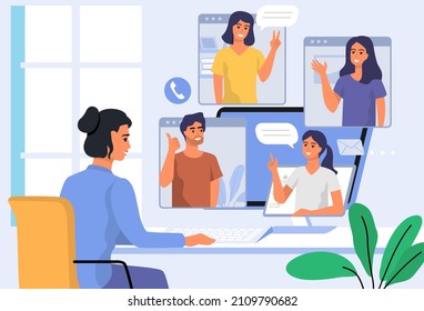 Female working from home office at computer table vector. Desktop computer with group of colleagues, business team.