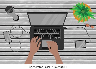 Female Working from home office taking coffee