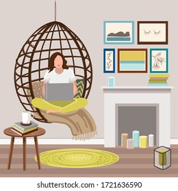 Female working at home. Young  womаn freelancers working on computers at home. Vector colorful flat illustration