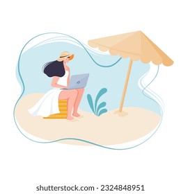 Female working on the beach. Freelancer woman working on laptop. Work from everywhere. Business woman or freelancer working on laptop sitting on a stack of coins. Work anywhere