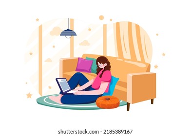 Female working on a project while seating on the floor Illustration concept on white background