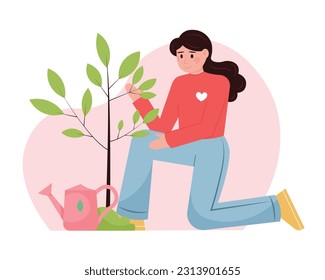 Female working in volunteering organization, helping nature. Young female in red sweater with heart emblem standing near tree, checking branches and ready to water tree. Flat vector illustration