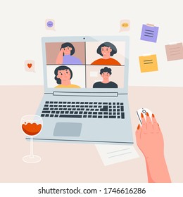 Female workplace, working desk. Point of view on Laptop screen. Virtual chat videoconference with group of people. Video call on computer. Communication concept. Hand drawn Vector illustration 