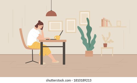 Female works at home sitting at the table in cozy clothes. Remote work and freelance concept. A young woman is studying online. Flat vector illustration. Abstract interior. Smiling character.