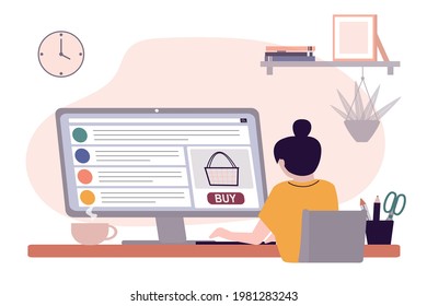 Female in workspace orders products on website. Application for delivery of online shopping on computer screen. Concept of online orders, internet purchasing and parcels. Back view.Vector illustration