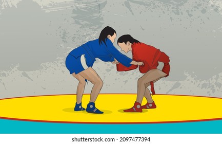 Female wrestlers in red and blue kimonos. Abstract sports background. Russian national wrestling.