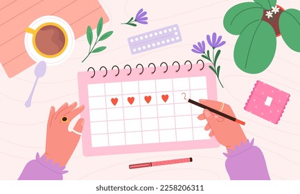 Female write period calendar, menstrual periods or menstruation day plan. Menses check schedule, woman health or pregnancy planning racy vector scene