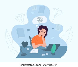 Female writer experiencing creative crisis or block, flat vector illustration. Sad woman sitting at table with clean sheet of paper on it. Creativity crisis, anxiety, fatigue, headache, depression.