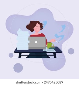 Female writer or journalist smoking and using laptop. Addicted woman, steam, paper flat vector illustration. Newsmaking, literature, unhealthy habit concept for banner, web design or landing page