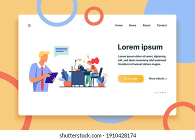 Female writer typing new text for editor. Article, book, idea flat vector illustration. Typography and work concept for banner, website design or landing web page