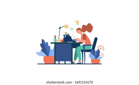 Female writer using retro typing machine. Young woman inspiring with idea, writing creative article at her workplace. Vector illustration for creative crisis, copywriting, vintage concept