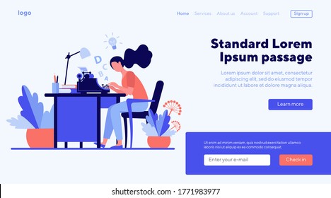 Female writer using retro typing machine. Young woman inspiring with idea, writing creative article at her workplace. Vector illustration for creative crisis, copywriting, vintage concept