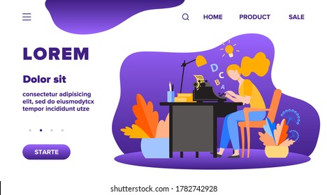 Female writer using retro typing machine. Young woman inspiring with idea, writing creative article at her workplace. Vector illustration for creative crisis, copywriting, vintage concept