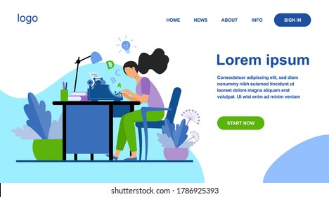 Female writer using retro typing machine. Young woman inspiring with idea, writing creative article at her workplace. Vector illustration for creative crisis, copywriting, vintage concept