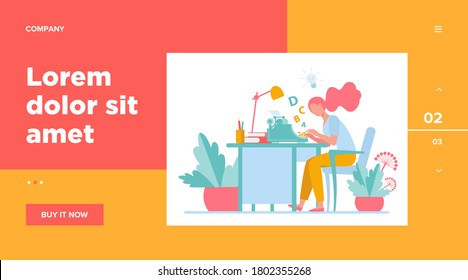Female writer using retro typing machine. Young woman inspiring with idea, writing creative article at her workplace. Vector illustration for creative crisis, copywriting, vintage concept
