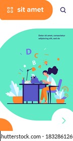 Female writer using retro typing machine. Young woman inspiring with idea, writing creative article at her workplace. Vector illustration for creative crisis, copywriting, vintage concept