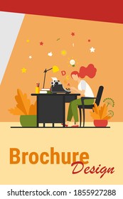 Female writer using retro typing machine. Young woman inspiring with idea, writing creative article at her workplace. Vector illustration for creative crisis, copywriting, vintage concept