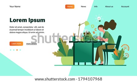 Female writer using retro typing machine. Young woman inspiring with idea, writing creative article at her workplace. Vector illustration for creative crisis, copywriting, vintage concept