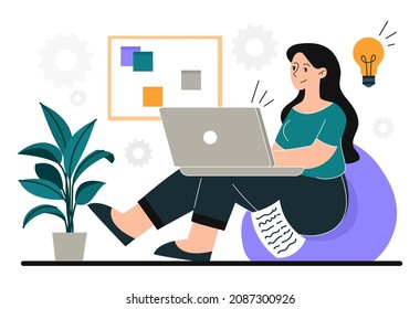 Female writer works at home concept. Woman typing text or article on laptop. Author writing book or blogging Scattered sheets. Creative freelancer. Cartoon contemporary flat vector illustration