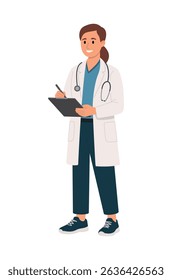 Female writing medical notes with stethoscope, listening to patient. Healthcare illustrations.