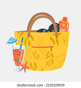 Female yellow bag with beach accessories. Set of summer design elements with cocktail sunscreen, cream . for vacation poster, beach party invitation, background, backdrop, ad, sale promotion