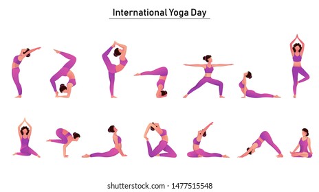 Female yoga asana in different pose for International Yoga Day concept.