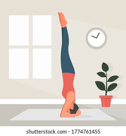 Female Yoga in Flat Style. Vector Illustration of Beautiful Cartoon Woman in Shirshasana Pose of Yoga. Home Sports Concept