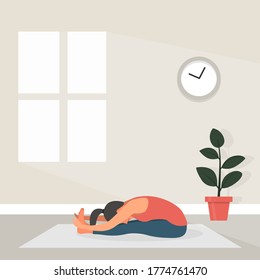 Female Yoga in Flat Style. Vector Illustration of Beautiful Cartoon Woman in Matsyasana Pose of Yoga. Home Sports Concept